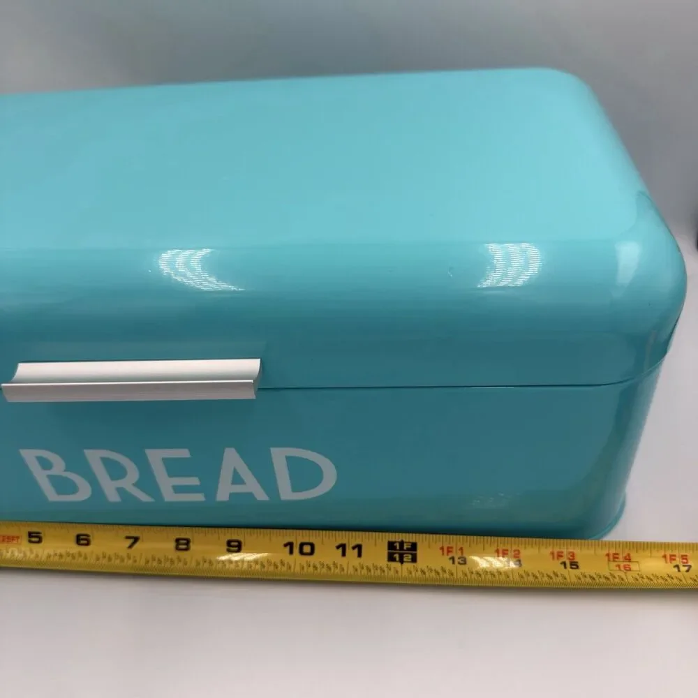 Turquoise Metal Bread Box Hinged Lid Retro Farmhouse Kitchen Storage 16.5”